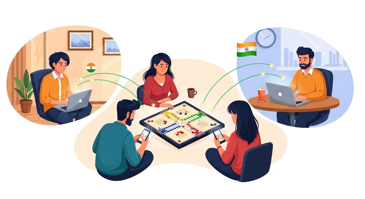 Friends in India playing Ludo online together on phones and laptops